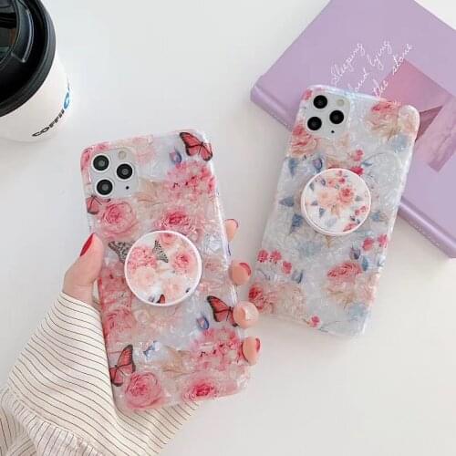 Luxury Flower butterfly Bracket Phone Case For iPhone 11 Pro XR XS Max X 7 8 Plus SE fold Stand Soft IMD dream shell Back Cover