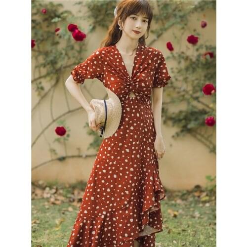 Polka Dot Chiffon Sexy V-neck Dresses for Summer Women 2021 New Puff Sleeve Fashion Sweet Irregular Holiday Style Maxi Dress