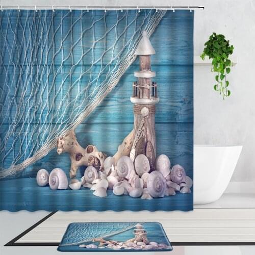 Blue Wood Grain Lighthouse Shell Shower Curtains Mediterranean Style Bathroom Curtain Set Non-Slip Carpet Bath Mats Home Decor