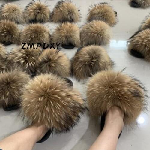 COOLSA Womens Fox Fur Slippers Indoor Flat Warm Furry Slippers Outside Girls Plush Sandals Women Slides Flip Flops Big Size 11