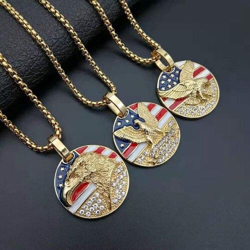 Titanium steel gold crystals American Flag Raptor Eagle Pendant hip hop Patriotic necklace jewelry