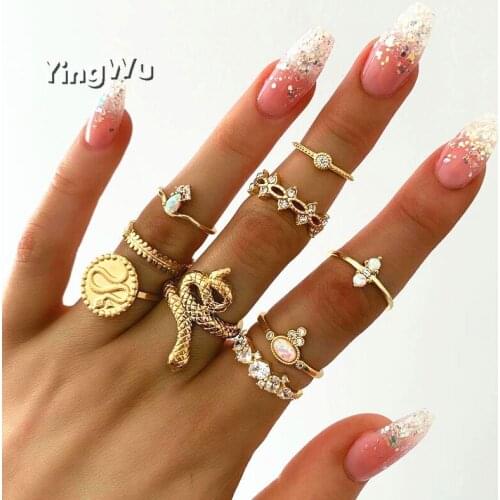 Yingwu 9pcs/set Bohemian Women Rings Anise Star Snake Drops Geometry Crystal Gold Ring Set Personality Lady Wedding Ring Jewelry