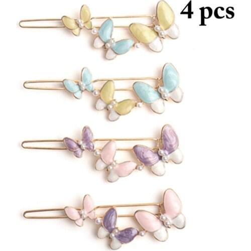 4PCS Sweet Women Girls Hair Clip Colorful Butterfly Fake Pearl Decor Side Clip Hair Barrette Metal Hair Pin Hair Accessories