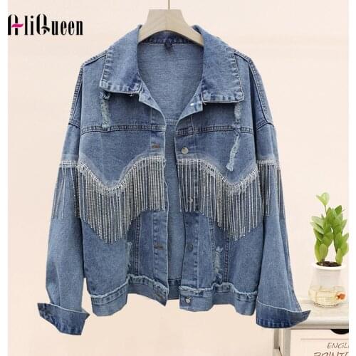 Chaquetas Mujer Women Vintage Frayed Diamonds Chain Tassel 2020 Spring Fall Streetwear Denim Jacket Femme Loose Jean Coats Top