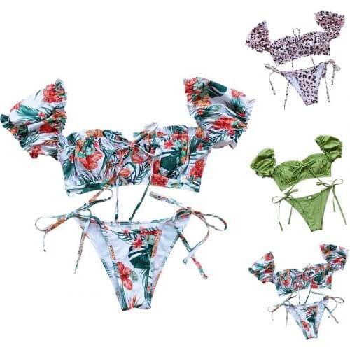 Womens Beachwear Sexy Bikini Set Puff Sleeve Low Waist Sport Swimwear Push-Up Padded Swimsuit Bodysuit Exquisite-Bather Swimwear