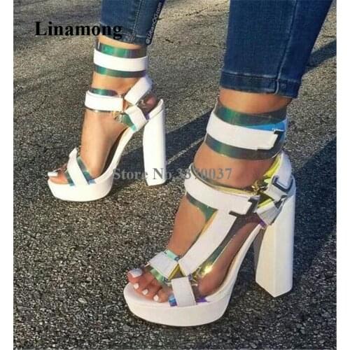 Newest Women Fashion Suede Leather High Platform Straps Buckles Chunky Heel Gladiator Sandals Ankle Wrap Patchwork High Heels