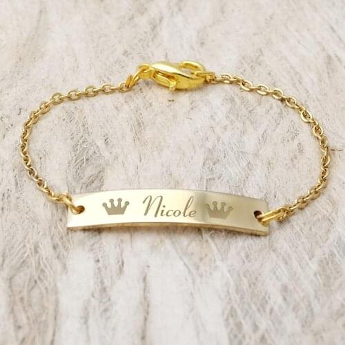 Personalized Baby Name Bracelet With Crown Baby ID Bracelet Gold Jewelry Baby Girl Jewelry Baptism Gift Bar Bracelet For Kids