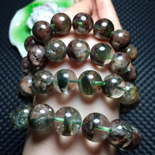 Natural Green Phantom Crystal Ghost Round Beads Bracelet 12mm