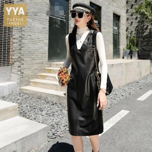 Women Black Sundress V Neck Sleeveless Sheepskin Genuine Leather Dress Spring Autumn Knee Length Slim Printing Flowers Dresses