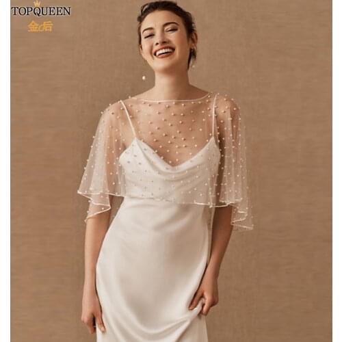 TOPQUEEN G27 Bolero Women Jacket Cape Jacket Pearls Beaded Piping Round Neck Sleeveless Cape Bridal Shawl Jacket for Party Dress