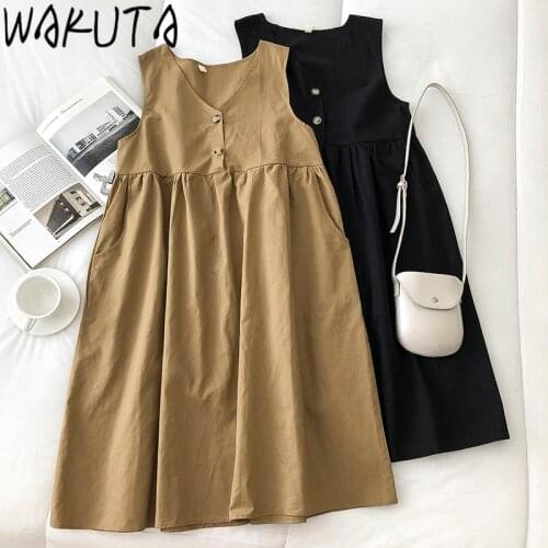 WAKUTA Spring Summer Simple Vintage Midi Vest Dress Women Sleeveless Buttons Chic Korean Japan Fashion V Neck Dresses Vestido