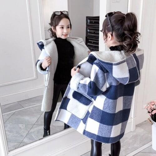 Girl Winter Sweater Winter Girls Cotton Kid Outerwear Clothes Toddler Children Clothes Casual Hoodie Collar Plaid Woolen Coat