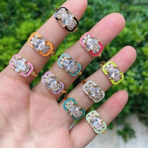 10Pcs Fashion Design Gold Plated High Quality Zircon Crystal Enamel Square Ring For Womens Wedding Party Jewelry
