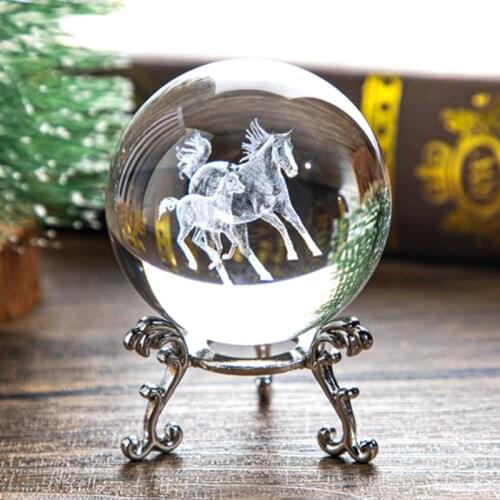 H&D 3D Crystal Ball Paperweight 60mm Laser Engraved Glass Horse Sphere Display Meditation Ball Fengshui Home Decor with Stand