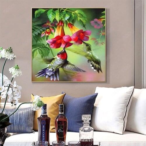 5D DIY Chinese Trumpet Creeper Hummingbird Diamond Painting Floral Bird Mosaic Embroidery Cross Stitch Home Decor Handmade Gift