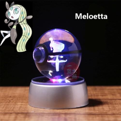 Pokemon Anime Figure 3D Laser Pokeball Engraving Ball Meloetta Crystal Model with LED Light Base Kids Gift
