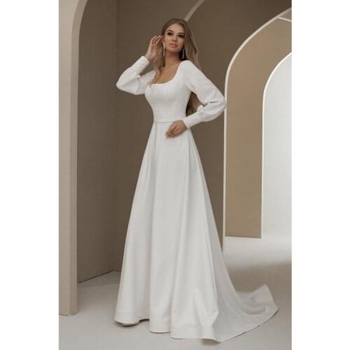 Ivory Satin Long Sleeves Scoop Floor-Length A-Line Wedding Dresses Chapel Train Custom Made Bridal Gowns