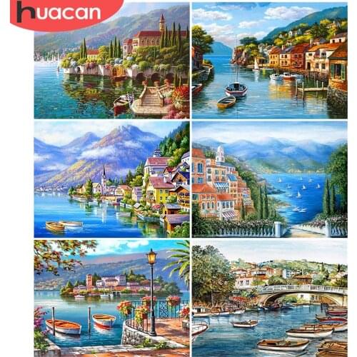HUACAN DIY Diamond Painting Town Painting Rhinestone Seaside Full Square Round 5D Diamond Embroidery Boat Home Decoration