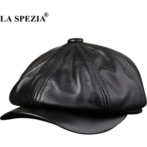 Real Leather Black Newsboy Hats For Men Genuine Cowskin Leather Octagonal Cap Male Fitted Vintage Duckbill Hats Beret