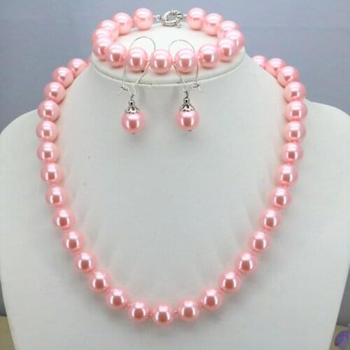 12mm Pink glass pearl necklace set necklace 18"bracelet 7.5" earring optional exquisite women jewelry making design