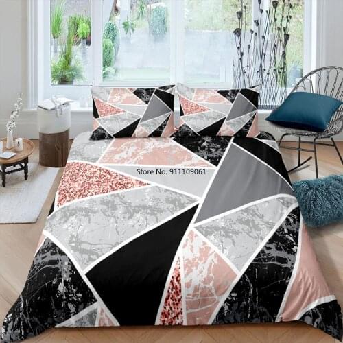 Marble Pink Black and Gray Geometric Patchwork Bedding Set Pink Glitter Abstract Pattern Printing Duvet Cover Bedding Sets