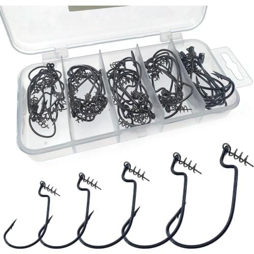 50-pack Wide Gap Worm Hooks with Centering Pins 2# 1# 1/0# 2/0# 3/0# Fishing Single Hooks Set High Carbon Steel Crank Barbed Hoo