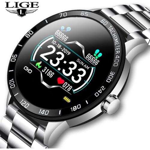 LIGE New Smart Watch Men Heart Rate Blood Pressure Monitor Information Reminder Waterproof Sport Steel Belt Smartwatch Pedometer
