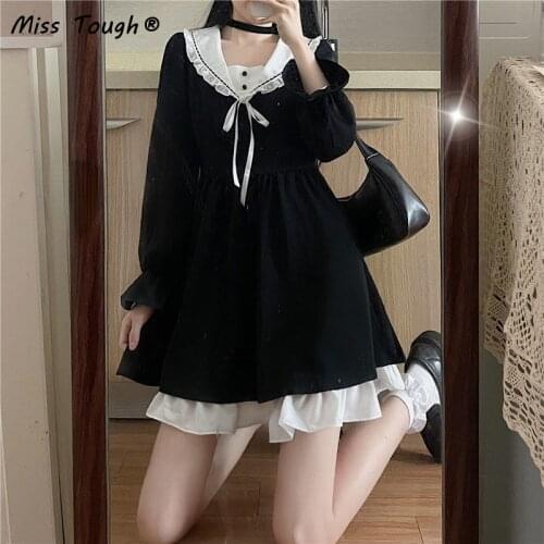 Autumn Black Lolita Dress Women Patchwork Elegant Vintage Party Mini Dress Female Casual Bow High Waist Korean Kawaii Dress 2021