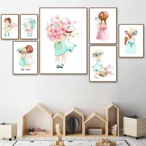 Nordic Cute Pink Dress Girl Flower Posters Canvas Prints Painting Wall Art Nursery Baby Girl Room Home Decor No Frame