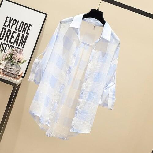 Womens shirt 2020 Summer New Large Size 4XL Loose lattice Shirt tops Fashion Thin coat Sunscreen Clothing Female Blouse B24