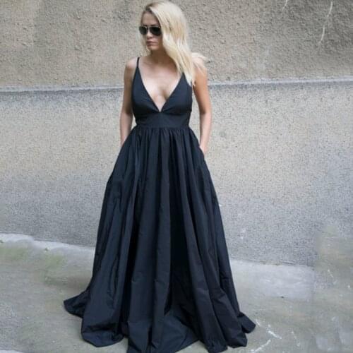 Sexy V-Neck Backless Spaghetti Straps Pleats Pocket Taffeta Prom Dress A-Line Tulle Evening Gowns