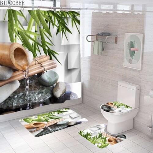 Green Leaf Flowing Bamboo Fabric Shower Curtain Waterproof Polyester Bathroom Curtains Bath Mat Anti-skid Rugs Toilet Lid Cover