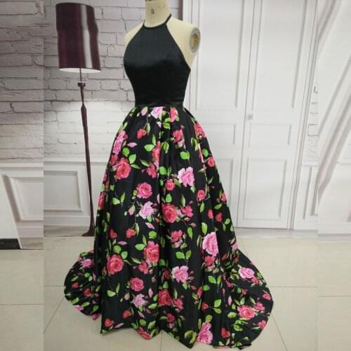 Vintage Long Satin Floral Black Prom Dresses with Pockets Floor Length Halter Zipper Back Formal Party Dresses for Women
