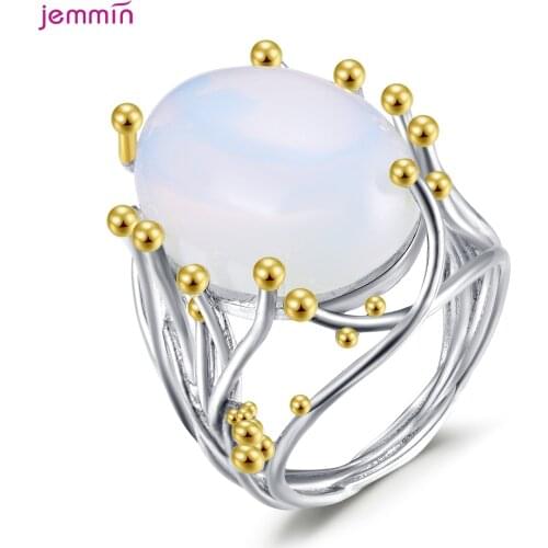 Vintage 925 Sterling Silver Moonstone White Opal Rings For Women Wedding Jewelry Popular Beautiful Shimmer Bijoux