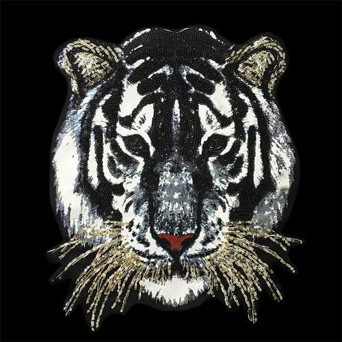 Large Tiger Embroidery Lace Stickers Applique Paillette Fabric Sweater Clothes Patch Sequined T-shirt DIY Apparel Sewing