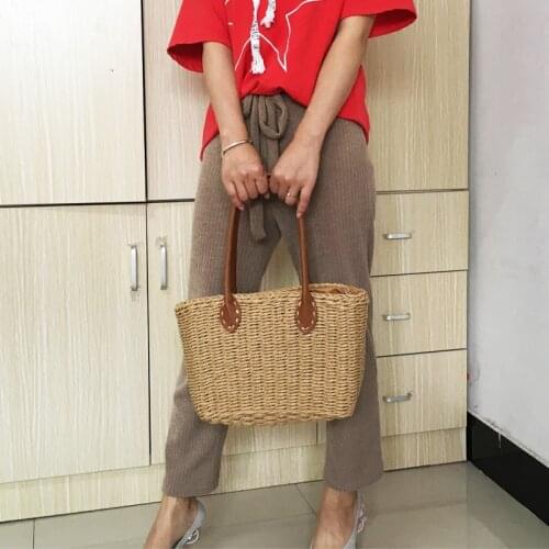 Handmade Womens Handbag Weave Summer Beach Bag Bohemian Female Straw Bags Travel Vacation Top-Handle Tote Drawstring Basket