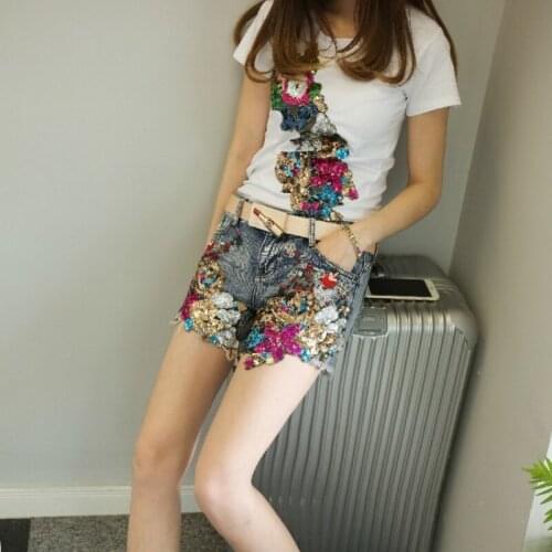 Summer Wide Leg Denim Shorts Women Streetwear Embroidered Sequins Beaded Loose Vintage Short Pants Short Sleeve White Shirt