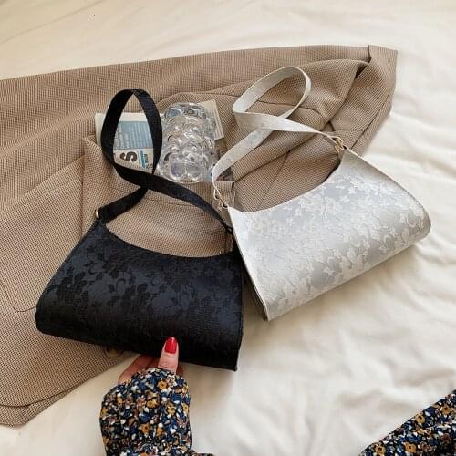 Retro Women Jacquard Lace PU Leather Underarm Shoulder Baguette Bag Ladies Party Luxury Evening Bags Solid Color Small Handbags