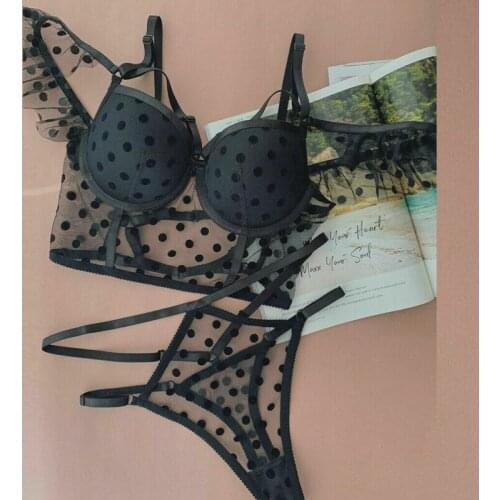 Hirigin Sexy Bra Set For Women Garters Mesh Dot Print Push Up Lingerie Wire Bras Hollow Out Seamless Thong Panties Underwear