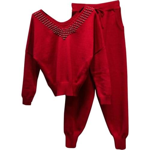 Amolapha Women V-Neck Hangmade Rivet Knitted Two-piece Sets Knitting Pullover Tops+Trousers Clothing Set