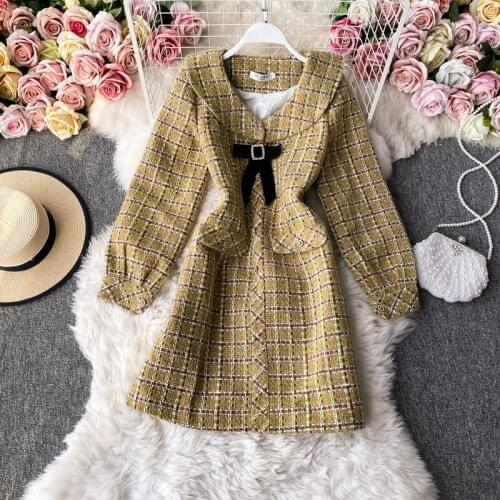 New Autumn Winter Runway Designer Wool Dress Women Sweet Doll Collar Bowknot Long-Sleeved Slim Plaid Tweed A-Line Dress