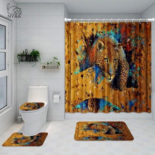 1 Set Leopard Printed Waterproof Polyester Shower Curtain Pedestal Toilet Seat Mat + Lid + Bath Mat Home Bathroom Curtain Decor