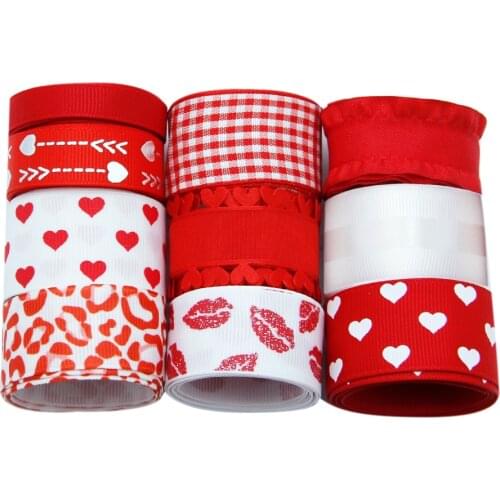 10Yards/set Valentine Heart Lips Printed Grosgrain Satin Ribbon Roll Sets For Hair Bows DIY Handmade Materials