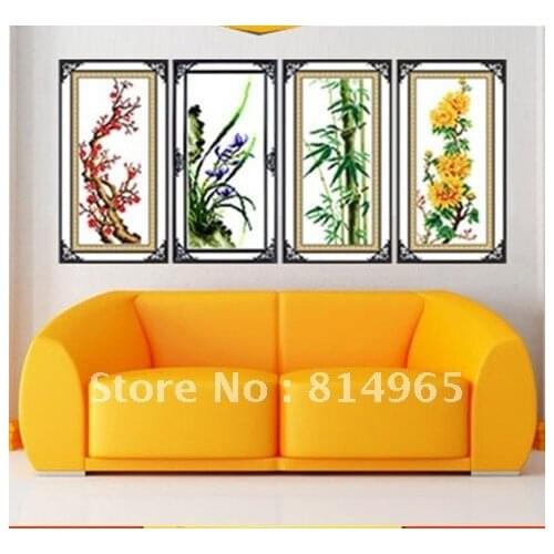 Embroidery 2 Sets (1 lot=2 Sets) Luxurious Cross Stitch 4 Pieces Flowers Wintersweet Orchid Bamboo Chrysanthemum