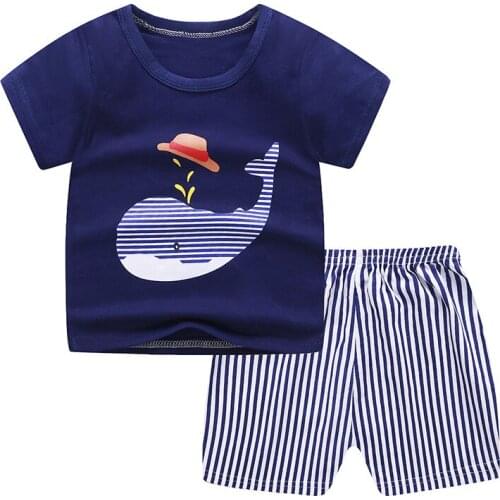 2Pcs/Set Cartoon Animals Baby Clothes Striped Soft Cotton Girl Boy T-Shirt Shorts Set Kids Children Toddler Clothes Gift