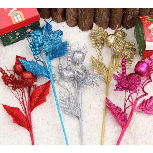 5pcs 24*14cm Christmas Fruits&Butterfly Branch With Powder For Christmas Tree Xmas Party Holiday Venue Decoration
