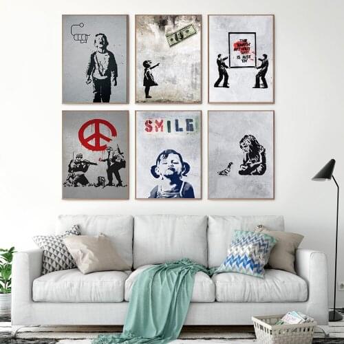 Abstract Banksy Graffiti Art Canvas Painting Posters and Prints Smile Quote Little Girl Boy Money Wall Canvas Picture Home Decor
