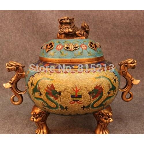 Bi001324 20" Marked Tibet Cloisonne Bronze Royal Palace Dragon Lion Statue Incense Burner