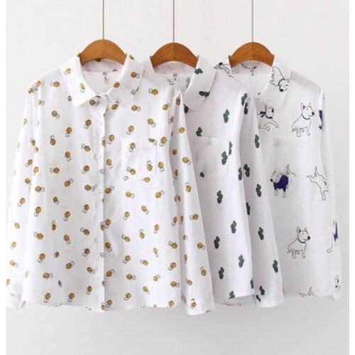 Women Blouses Cartoon Dog Bee Print Tops Female Long Sleeve Plus Size 2Xl 3Xl Shirts Ladies Clothing Cotton Fashion Women Shirts