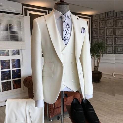 Formal Business Ivory Men Suits 3 Pieces Slim Fit Custom Groom Wedding Prom Tuxedo Male Fashion Jacket Vest with Pants 2021